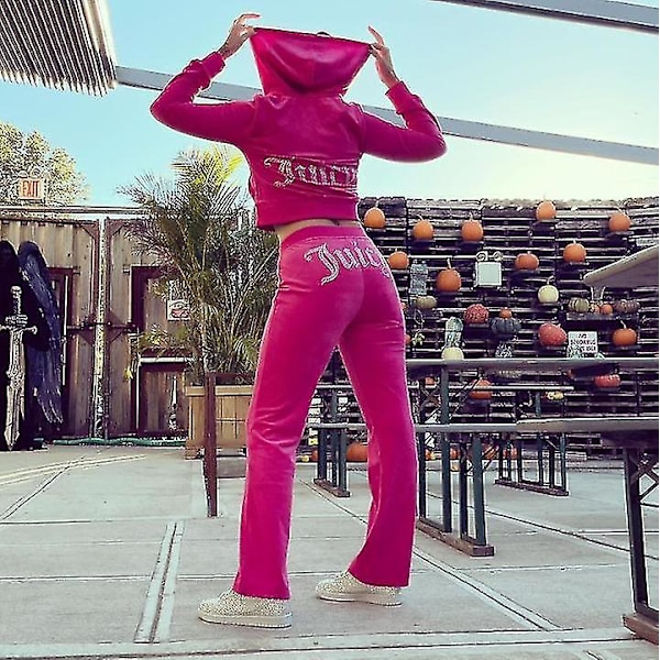 Velourijumppapuvut Naisille, Pehmeä Sametti Vetoketjullinen Hupullinen Paita Ja Housut, Urheiluasu Kevät/syksy 2024, Crop-malli Rose Red XL