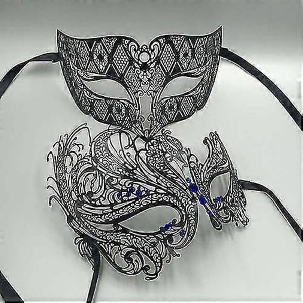 Svart Silver Guld Metall Filigran Laser Skuren Par Venetian Mask Bröllop Boll Mask Halloween Maskerad Kostym Masker Set Black Blue Diamond