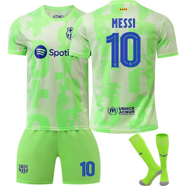 2024-2025 Barcelona Bortatröja Barn Vuxen Grön Fotbollströja Med Strumpor No.10 MESSI 28