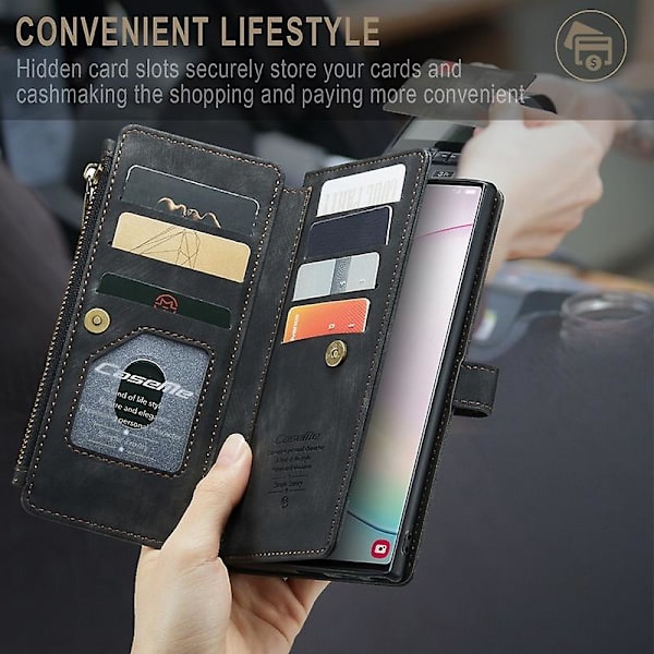 For Caseme Samsung Note10 Plus 4G/5G C30-serien Ny blixtlåsfodral i läder Röd Black Samsung Galaxy Note 10 Plus 5G