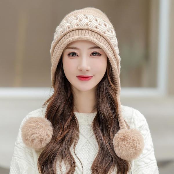 Dam vinter Peruvian öronbeklädnad Beanie Hat Öronklaffar Sherpa Skidmössa Stickad Fleecefodrad 3 Pom Khaki One Size