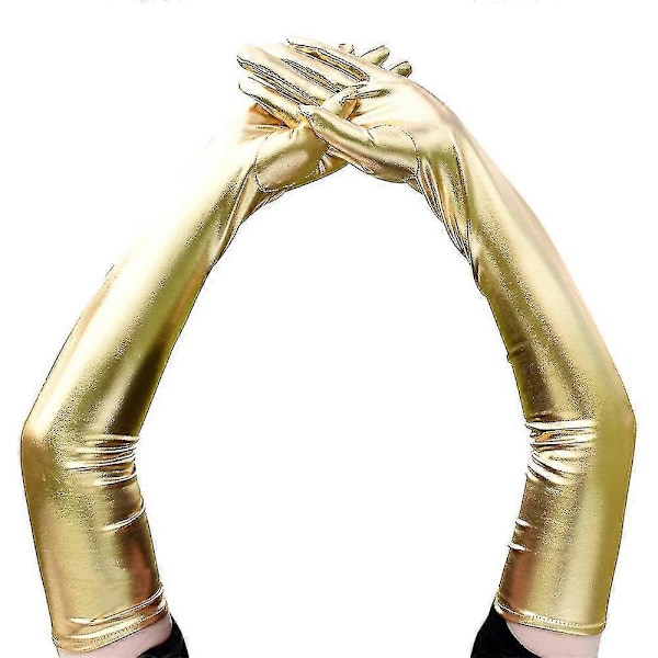 Dam Läder Långa Handskar Cosplay Kostym Handskar Pole Dance Handskar 21\" Gold