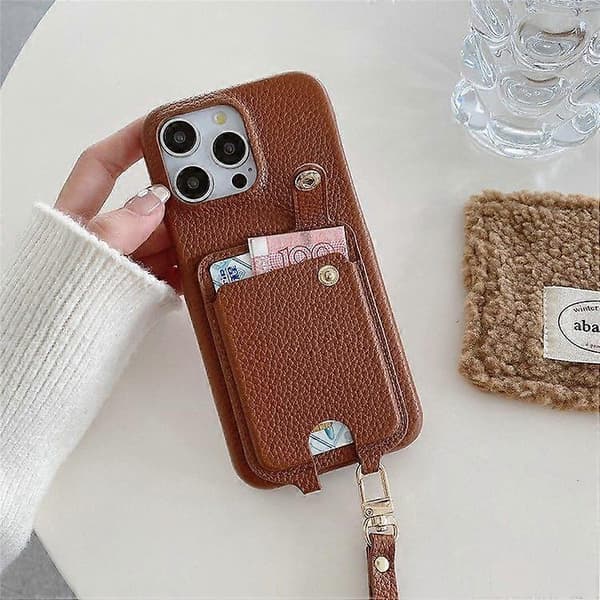 Multi-funktionelt læderbagcover med kortpladser og håndledsrem til iPhone 16 Pro Max Dark Brown