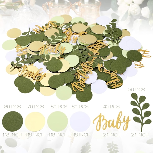 400 st Grön Brun Vit Bordskonfettiprickar med Eukalyptus och Guld Baby Konfetti för Baby Shower Könsavslöjande Dekoration