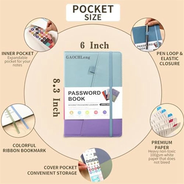 Password Keeper-bog med farverige alfabetiske faner og to bogmærker, til seniorer 8,4 x 5,9 tommer, i Black Pink