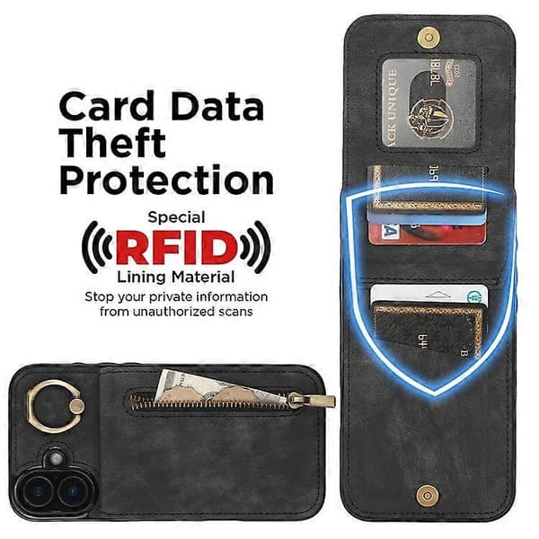 Kompatibel med iPhone 16 Plus-deksel RFID-ringstativ Retro skinn+TPU Anti-fall telefondeksel Black