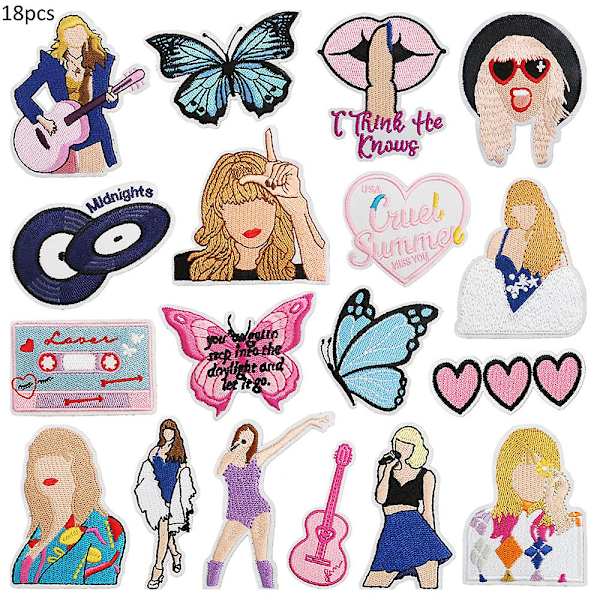18 stk. Taylor Swift broderede stryge-på patches, DIY sy applikation reparation patch, sy på/stryge på patch til jakker, jeans, bukser, rygsække, tøj