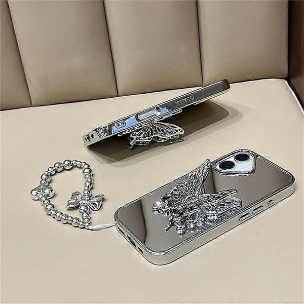 For iPhone 16 Deksel med Sommerfugl Støtte, Stropp TPU Akryl Telefon Bakdeksel Speiloverflate