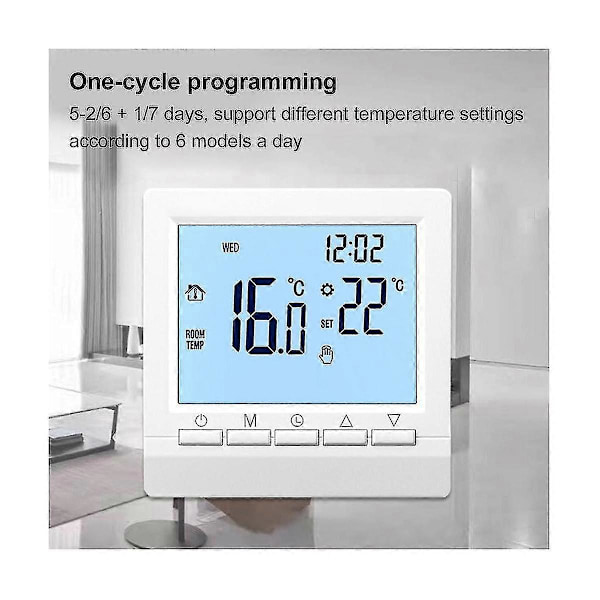 Termostat med bakgrundsbelyst LCD-skärm Vägg Rum Uppvärmning Temperaturregulator - Vit Ljus