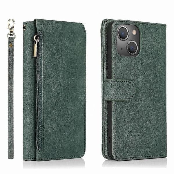 Læder Lynlås Pung Etui til 14 Pro Telefon Dark Green