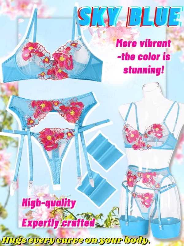 Blomstrete Broderi, Bøyle, T-String, Strømpebånd, 4-Delt Undertøy Blå Blue M