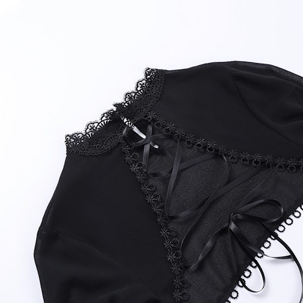 Gotisk Elegant Spetsad Kort Topp med Snörning - Grunge Chiffon Blus med Flareärmar - Svart Emo Alternativ Överdel för Kvinnor M