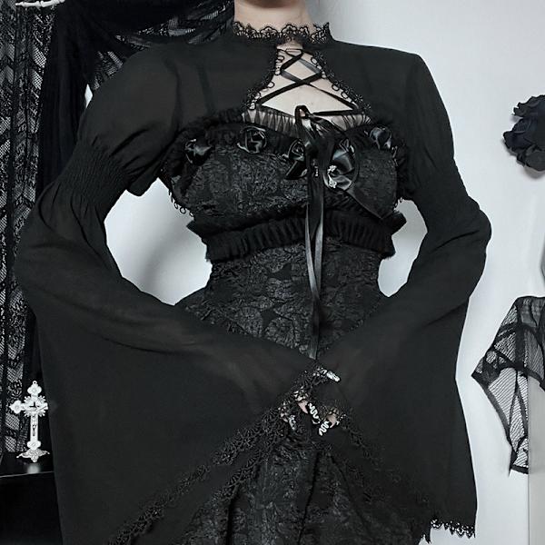 Gotisk Elegant Spetsad Kort Topp med Snörning - Grunge Chiffon Blus med Flareärmar - Svart Emo Alternativ Överdel för Kvinnor M