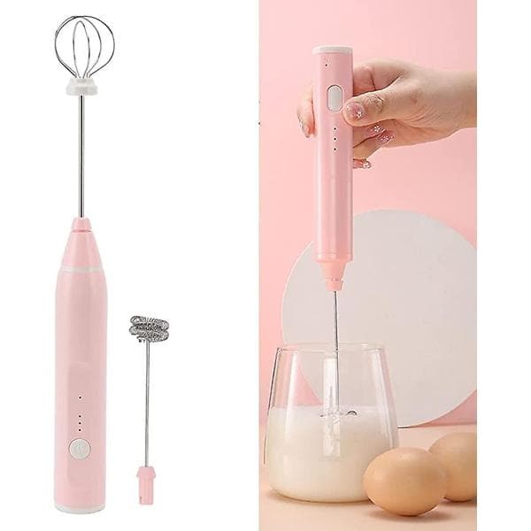 Mini håndholdt elektrisk skumvisp, multifunksjonell elektrisk visp, elektrisk eggevisp, kaffeskummer med 2 eggevisphoder for kaffe (rosa)