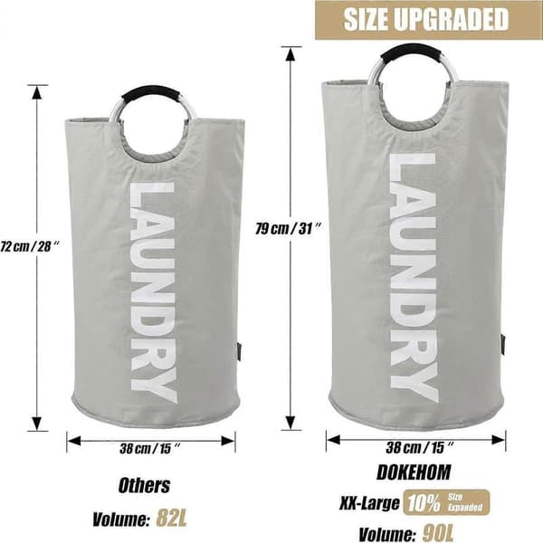 90L Large Laundry Basket, Foldable Laundry Bag, Freestanding Tall Laundry Hamper, Collapsible Laundry Basket Light Grey Light Grey 90L