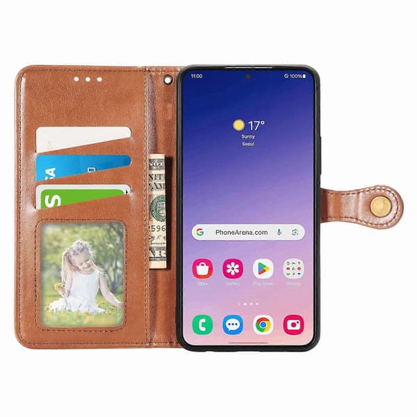 Telefonfodral för Samsung Galaxy S25, Läderfodral Plånboksställ med handledsrem Brown