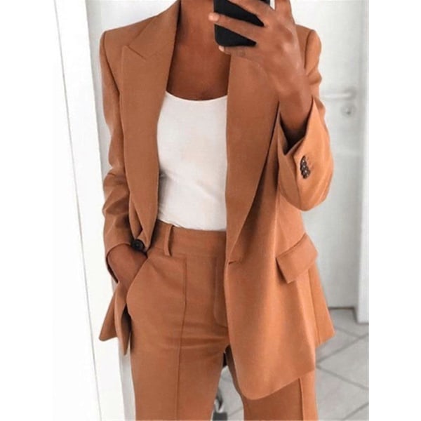 Naisten 2-osainen asu, Blazer-setti, Elegantti Liike- ja Työasu, Vintage Klassikko, Yksivärinen, Ryppyinen Hiha, Auki Edestä, Puku Takki ja Suorat Housut 4XL Brown