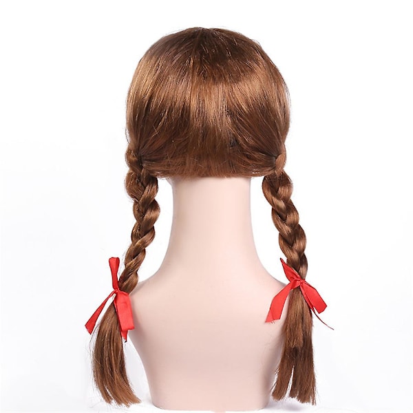 Halloween Annabell skräckdocka kostym peruk för kvinnor lång brun flätad accessoarer cosplay peruker med röda rosetter