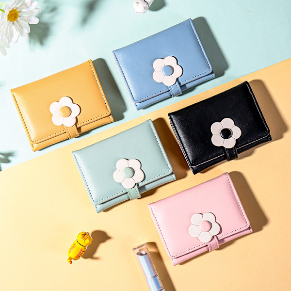 Plånbok för flickor och kvinnor, tri-vikt, blommönster, plånbok med ficka för kontanter, blommönster, kortfodral, myntplånbok med ID-fönster, elegant, ungdomlig och söt yellow