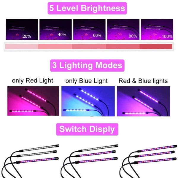 Växtlampa, 60 LED fullspektrum odlingslampa Växtljus Växtlampa med 3 timers och automatisk tändningsfunktion