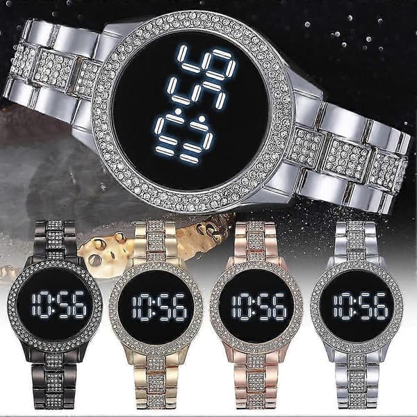 LED-klocka i rostfritt stål, dubbel rad, strass, multifunktion, magnetiskt spänne, digital klocka Silver