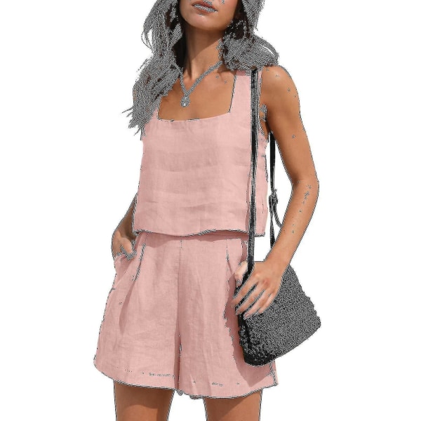 Naisten 2-osaiset asut yhteensopivat setit, pellavashortsit Crop Topit set Pink L