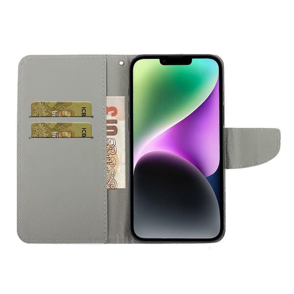 Farvet tegnet læder telefoncover til iPhone 14 Plus Elephant