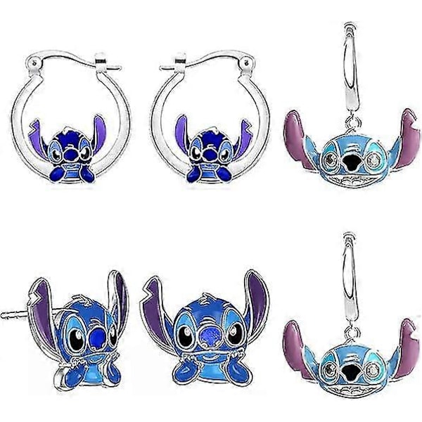 Stitch Örhängen 3-pack, Söta Cartoon Örhängen, Hypoallergena Örhängen Present till Kvinnor och Flickor