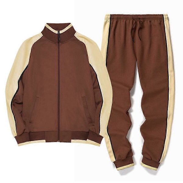 Männs Aktivkläder Hel Dragkedja Varm Träningsoverall Sportset Casual Sweat Suit Brown L