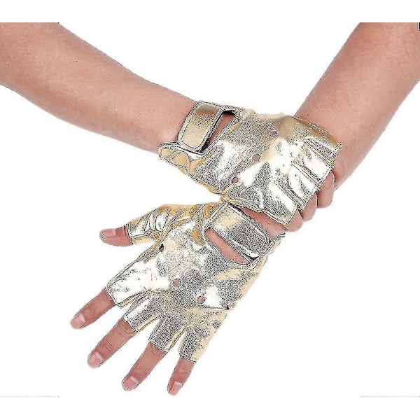 Män PU Läder Punk Halv Finger Ihålig Handskar Guld