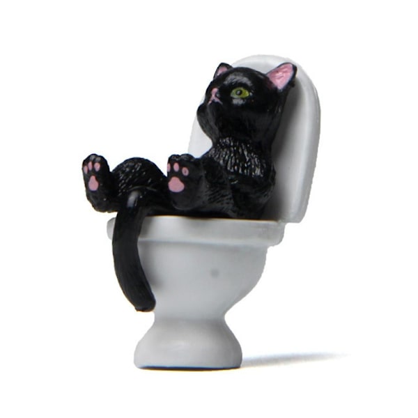 Sød killing kat sidder på toilet ornament pvc statue figur skrivebord dekoration Black 1Pc