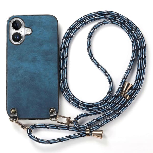 Retro skinndeksel til iPhone 16 med justerbar stropp Blue