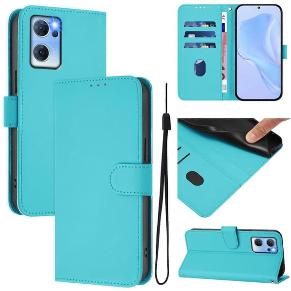 Lanyard PU Etui Til OPPO Reno7 5G Global Lake Blue