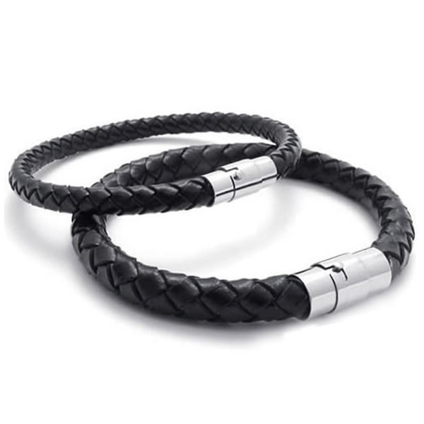 Rustfrit stål læderarmbånd, flettet læderarmbånd, til mænd, kvinder, sort - bredde 6 mm - længde Black