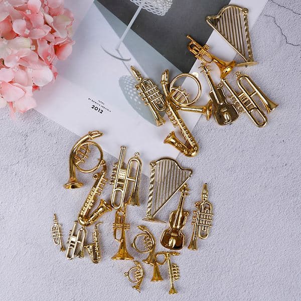 Mini Plastic Musical Instrument Gold Christmas Tree Hanging Xmas Golden 7pcs