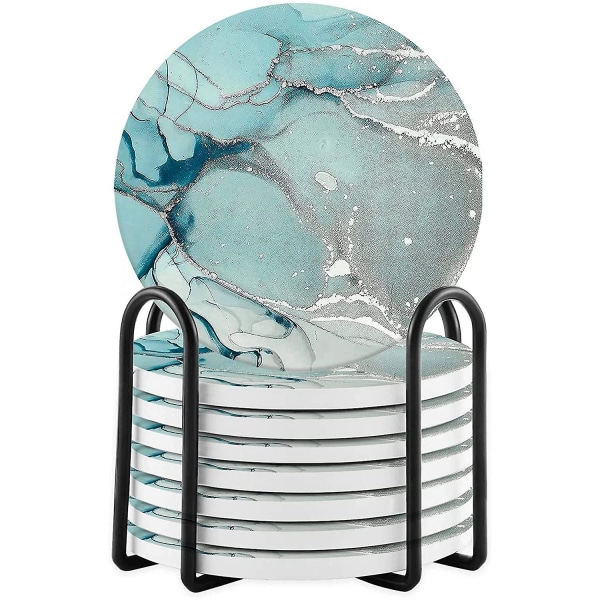 Keramiska glasunderlägg för drycker Vattenabsorberande, kork marmor textur glasunderlägg med hållare för soffbord BlueGreen