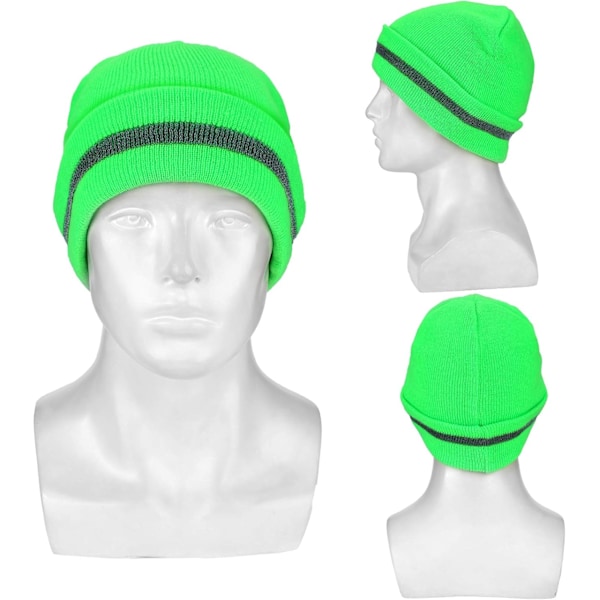 2 stk. Voksne Refleks Strikket Beanie Huer Varme Vinter Huer Hodeplagg for Arbeid Løping Fluorescent Green One Size