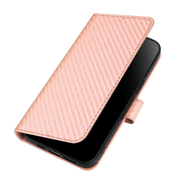 Plånboksfodral för iPhone 16 Plus med rem, kolfibertextur läder mobilskal Pink