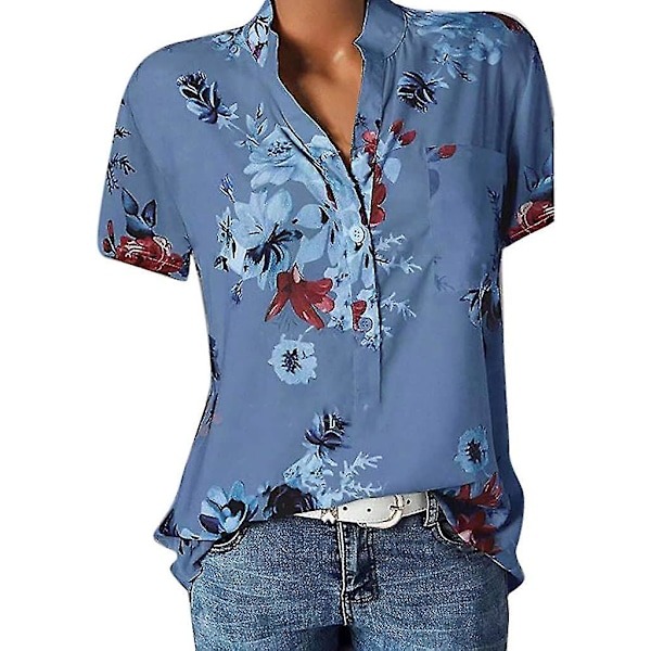 Blommiga toppar för kvinnor 2023 Button Down Mode Casual Lång-/kortärmade skjortor Blus Blue 4X-Large