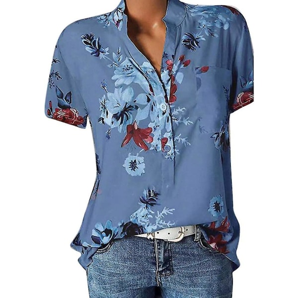 Blomstertoppe til kvinder 2023 Button Down Fashion Casual skjorter med lange/korte ærmer Bluse Blue Medium