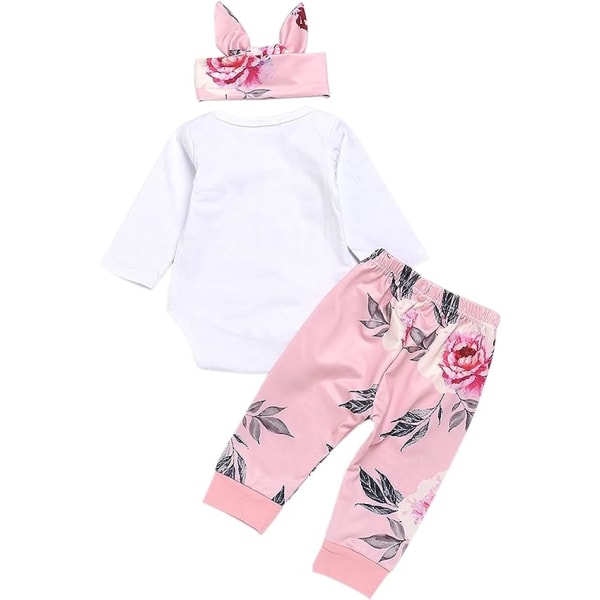 Baby jente klessett Nyfødt antrekk Lillesøster Romper Topp og rose trykt bukse og pannebånd 3 deler 12-18 months Pink