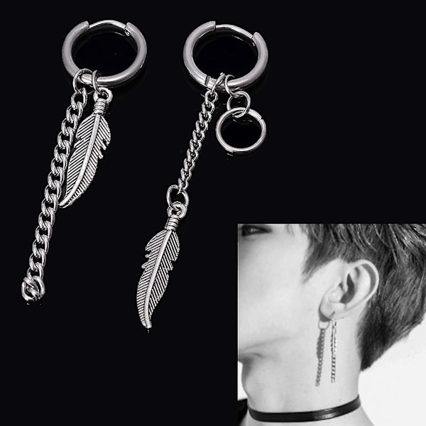 Classic Feather Mismatch Tofs Chain Drop Earrings Korean Idols Kpop Örhängen