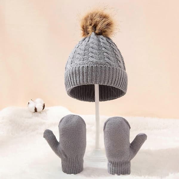 Vintervarm Baby Enfärgad Mössa Handskar Set Pälsboll Mössa Vantar Kit Barn Flickor Pojkar Stickad Kantmössa Vit White