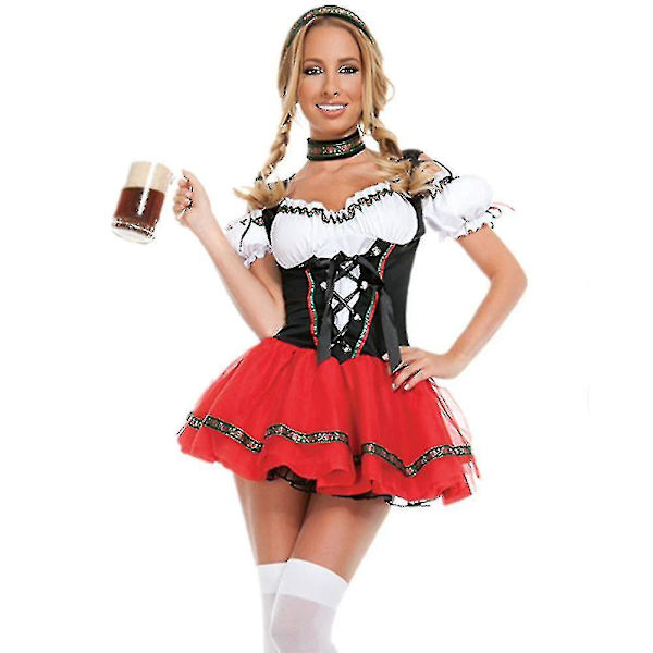 Karneval Oktoberfest Dirndl-dräkt Tyskland Öl Piga Tavern Wench Servitris Outfit Cosplay Jul Fancy Party Klänning M