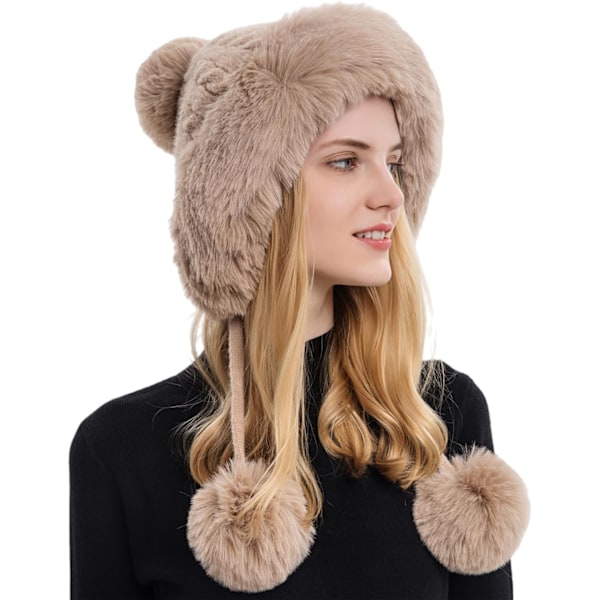 Dam vinter Peruvian öronbeklädnad Beanie Hat Öronklaffar Sherpa Skidmössa Stickad Fleecefodrad 3 Pom Khaki Solid One Size