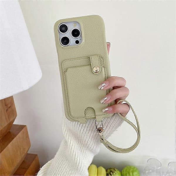 Multi-funktionelt læderbagcover med kortpladser og håndledsrem til iPhone 16 Pro Max Green