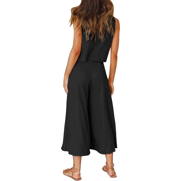 Roylamp sommerantrekk for kvinner i 2 deler Rundhalset Crop Basic Topp Beskåret buksesett med brede ben, Jumpsuits Black Medium