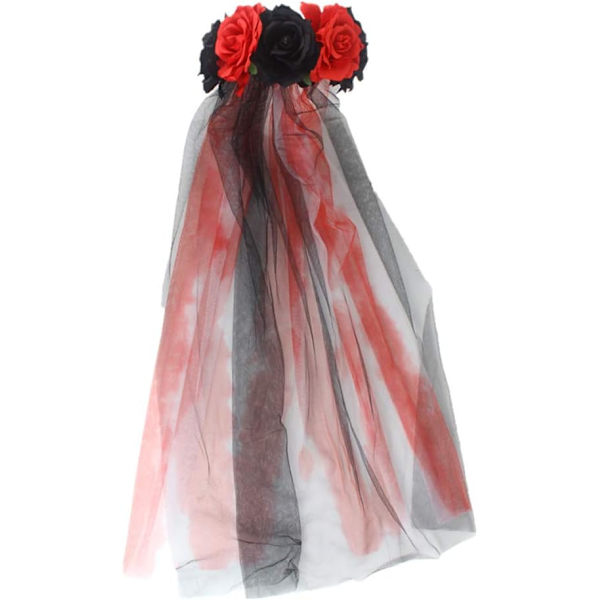 Halloween Gotisk Blomstergirland med Svart Slöja Hårband Cosplay Bröllop Huvudbonad Kostym Huvudbonad Tillbehör Red/Long Veil