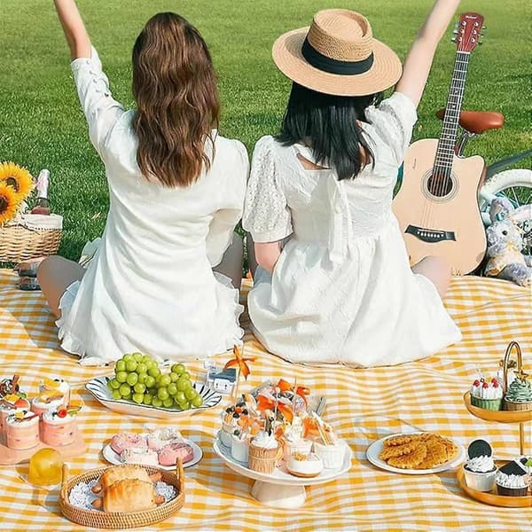 Picnic Tæppe, Foldbart, Ternet, 200x200cm, Udendørs, Gul