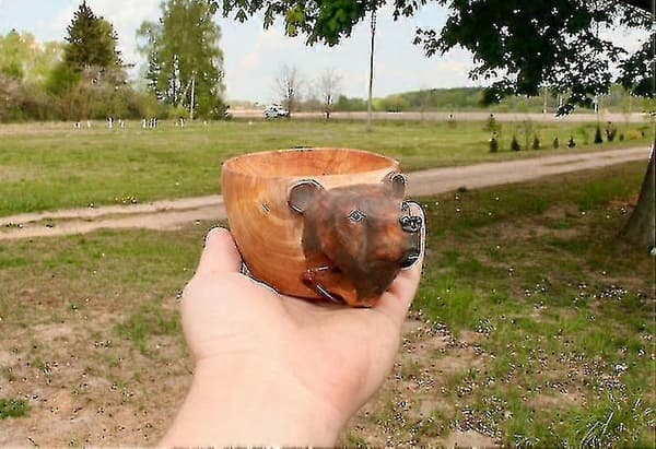 Håndskåret trækop med dyrehovedbillede til rejsende udendørs camping Bear